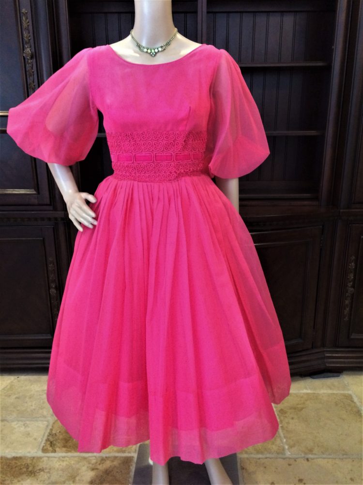 80s 90s Vintage dress 50s style Pink abstract print ruffled transparent puff sleeve Hollywood home dress m
